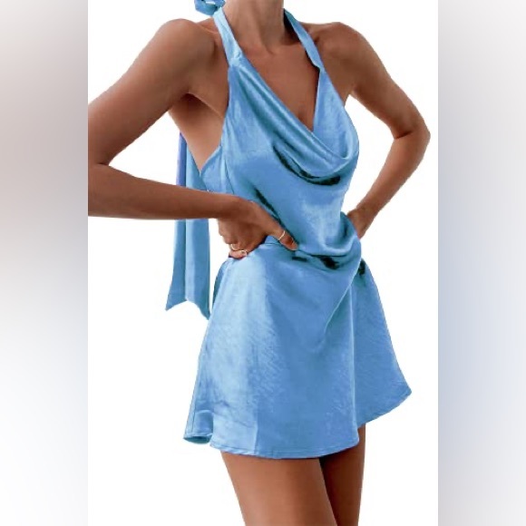 Dresses & Skirts - Women's Cowl Neck Halterneck Slip On Backless Satin Mini Dress Bodycon Dresses